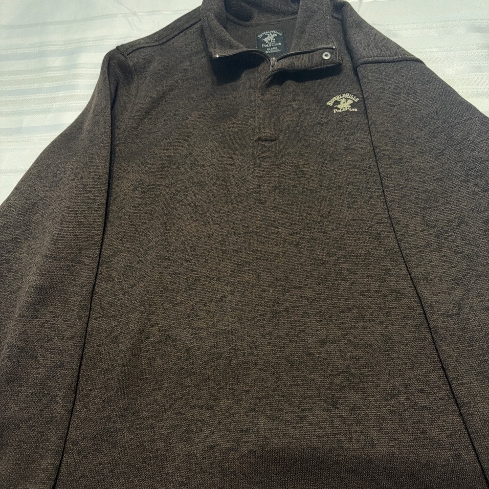 Beverly Hills Polo Club Mens XL Brown Quarter Zip Pullover Fleece Sweater Logo